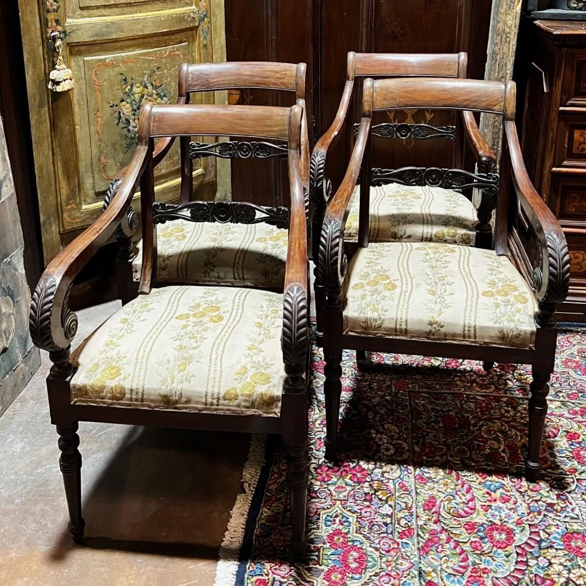 Furniture Four Carved Walnut Armchairs With Arms, Italy photo