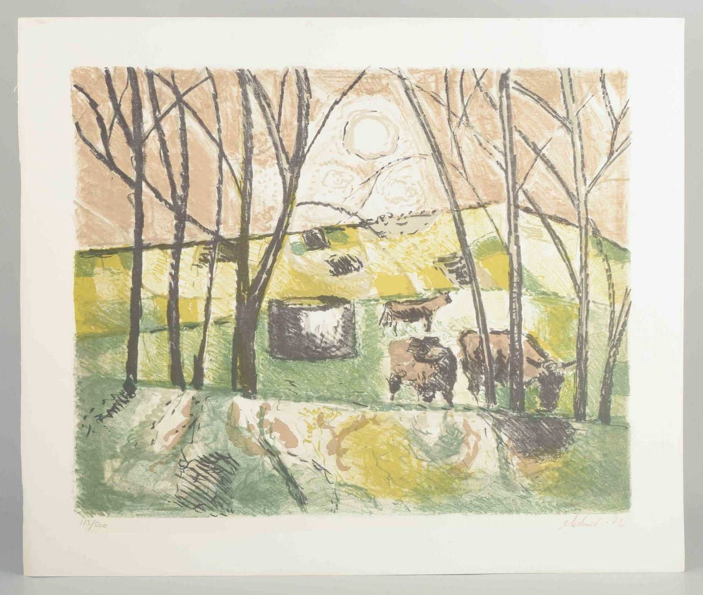 Poul Ekelund. Color Lithograph On Paper. Cows In A Landscape, 1972. photo for sale