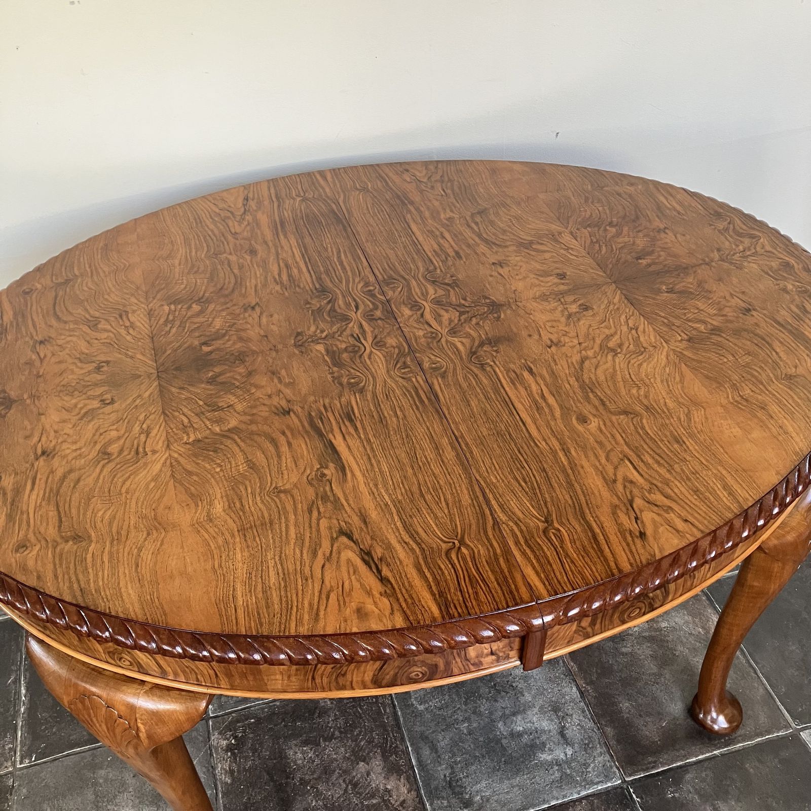 photo for sale Superbly Restored Georgian Burr Walnut Wind Out Extending Dining Table And Chair Set By James Phillips & Sons Bristol; Queen Anne Legs