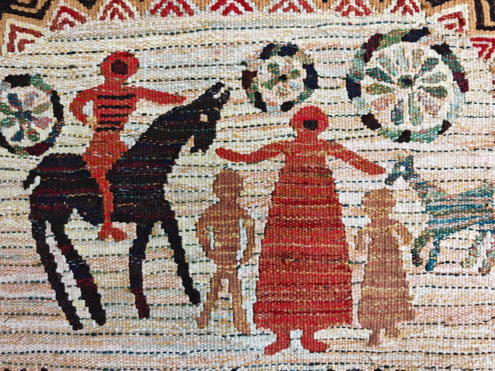 Vintage Hand Woven Tapestry With Folklore Scene And Archaic Slavic Writing photo for sale
