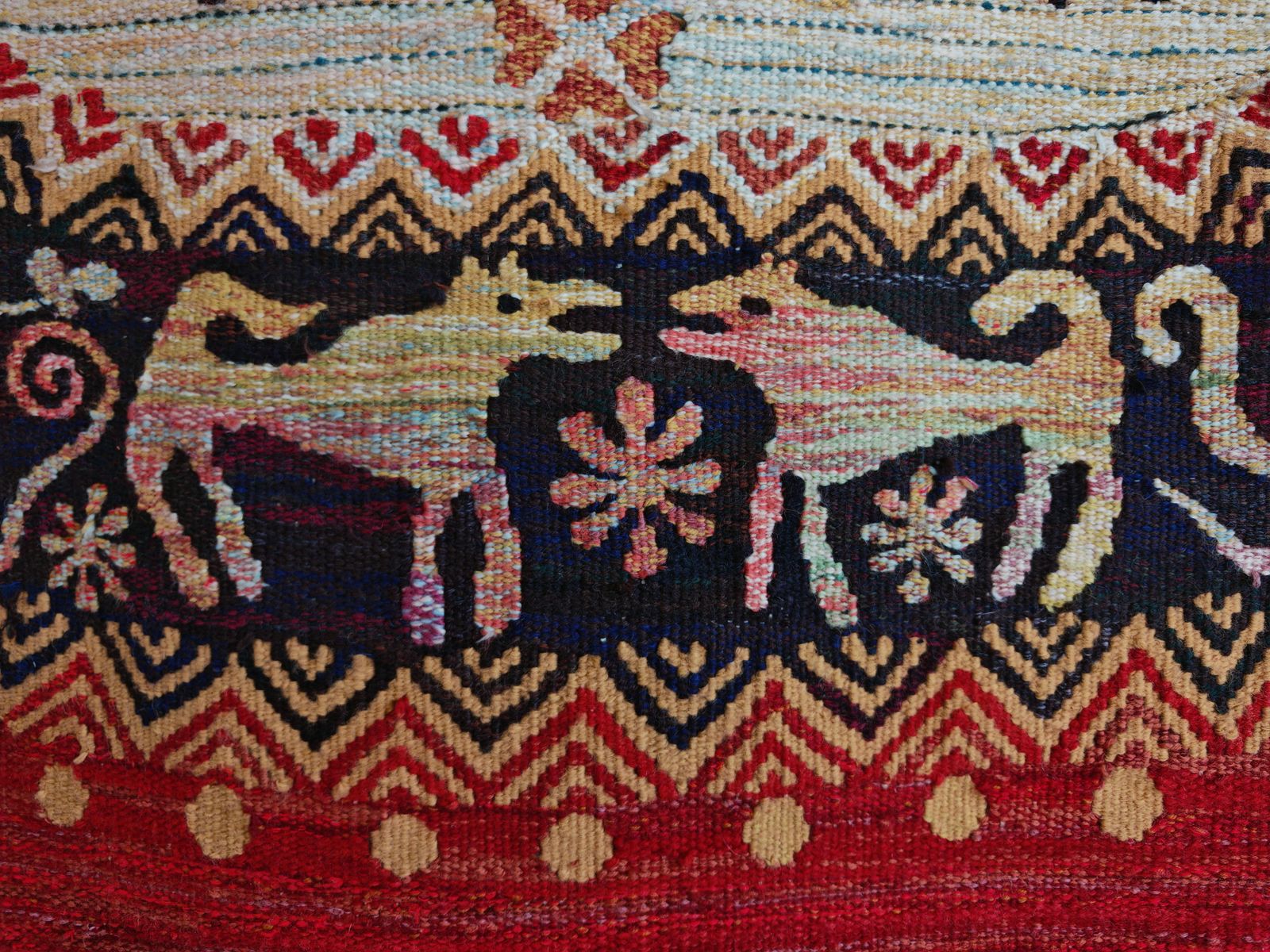 Art Vintage Hand Woven Tapestry With Folklore Scene And Archaic Slavic Writing photo