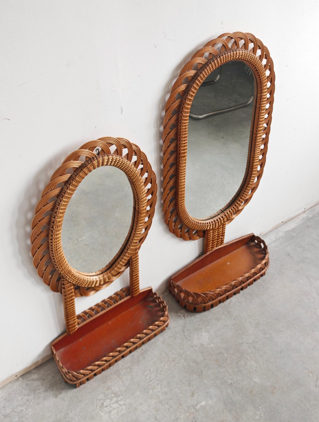 Set Of 2 Mid Century Rattan Wall Mirrors With A Shelf, Italy 1970s photo vinterior