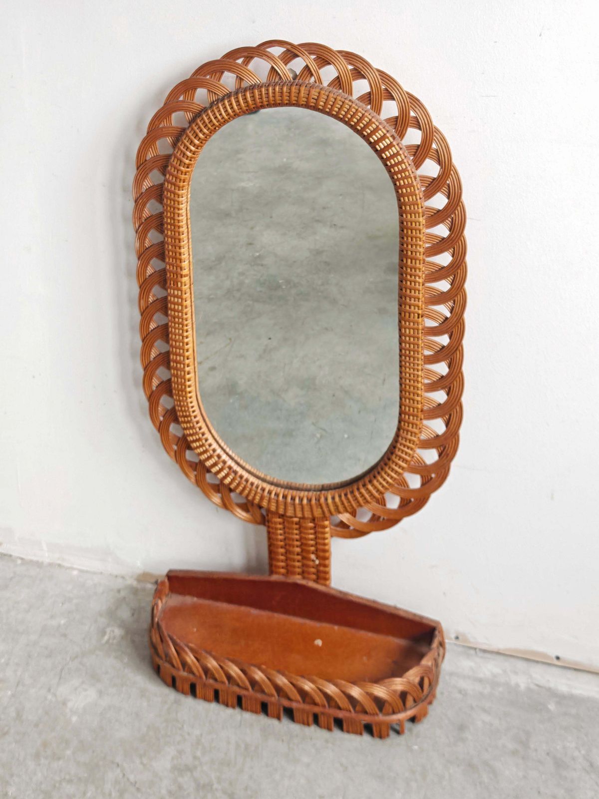 photo furniture Set Of 2 Mid Century Rattan Wall Mirrors With A Shelf, Italy 1970s