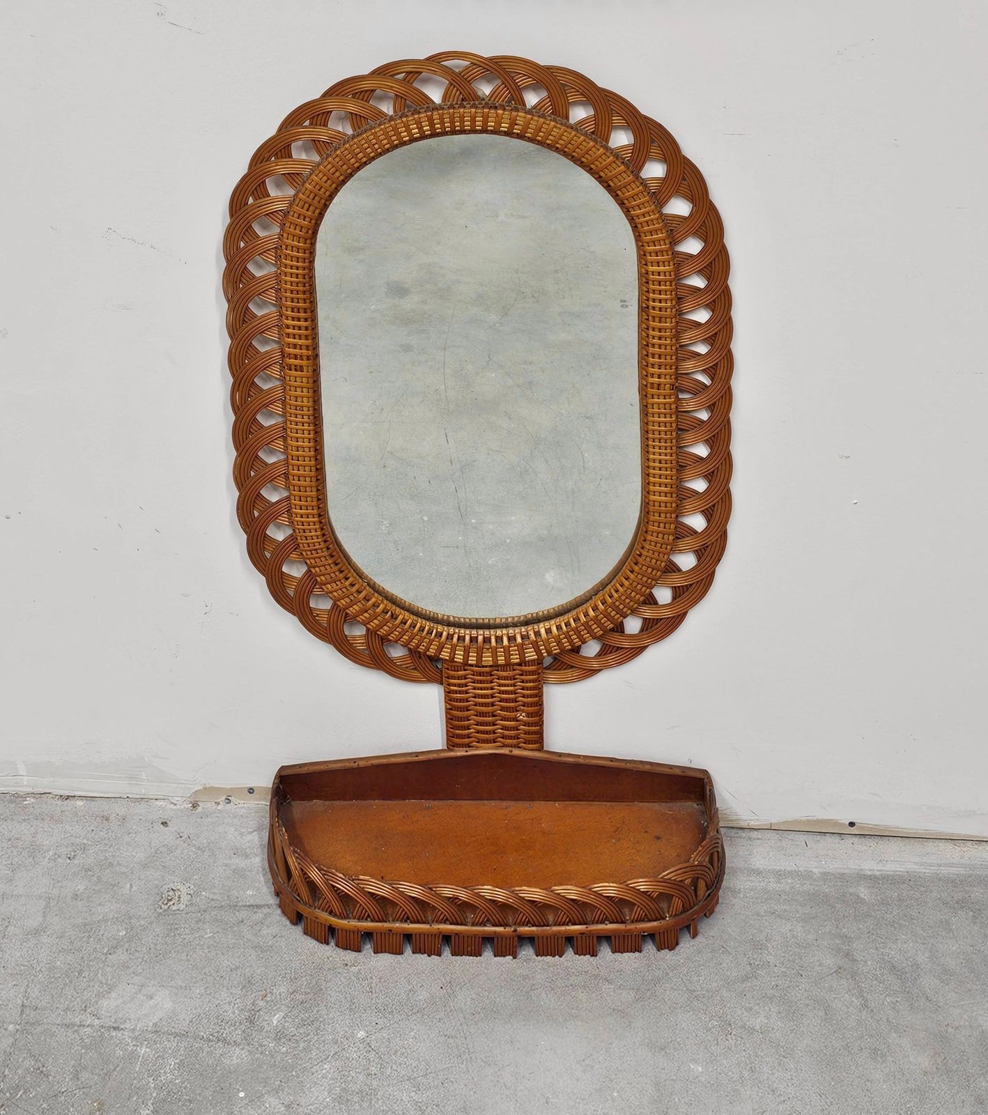 Home Decor Set Of 2 Mid Century Rattan Wall Mirrors With A Shelf, Italy 1970s photo