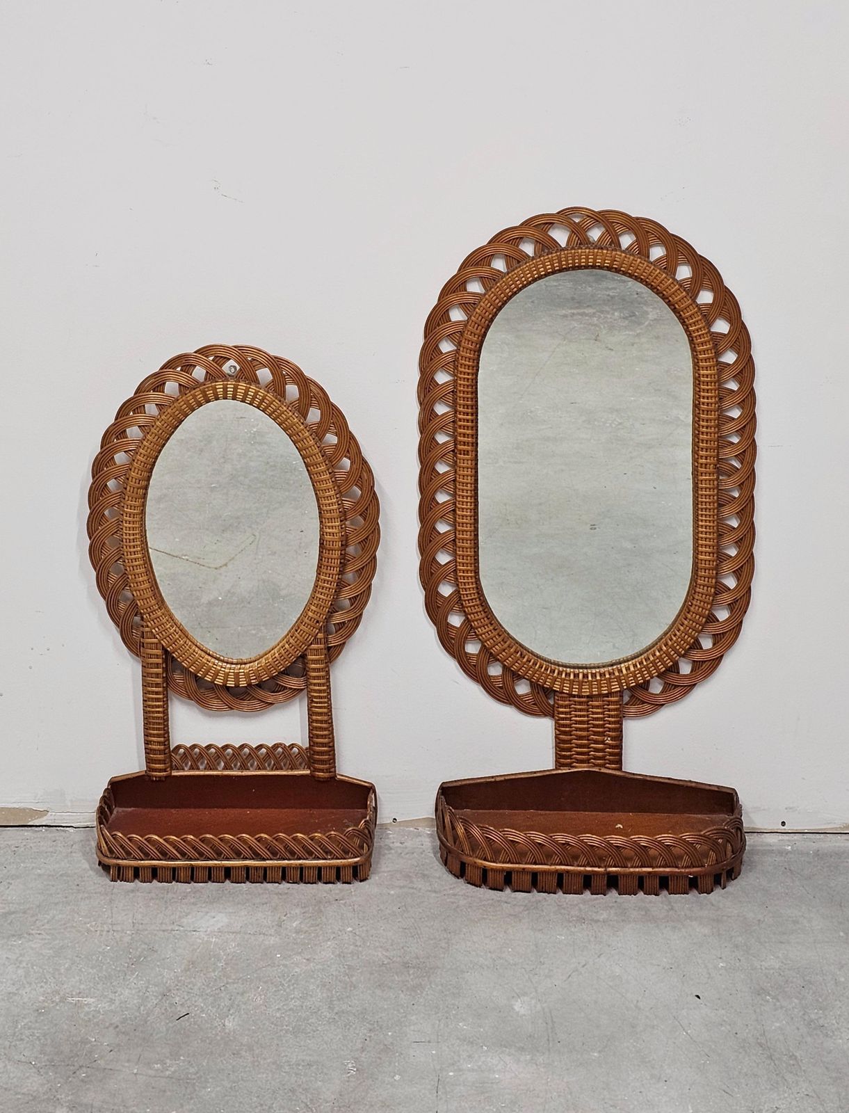 photo buy Set Of 2 Mid Century Rattan Wall Mirrors With A Shelf, Italy 1970s
