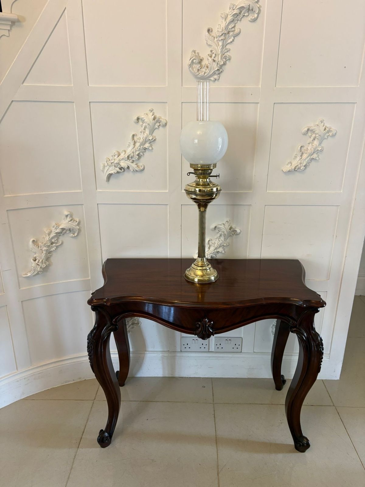 Antique Early 20th Century English Brass Oil Lamp With Opaline Shade photo for sale