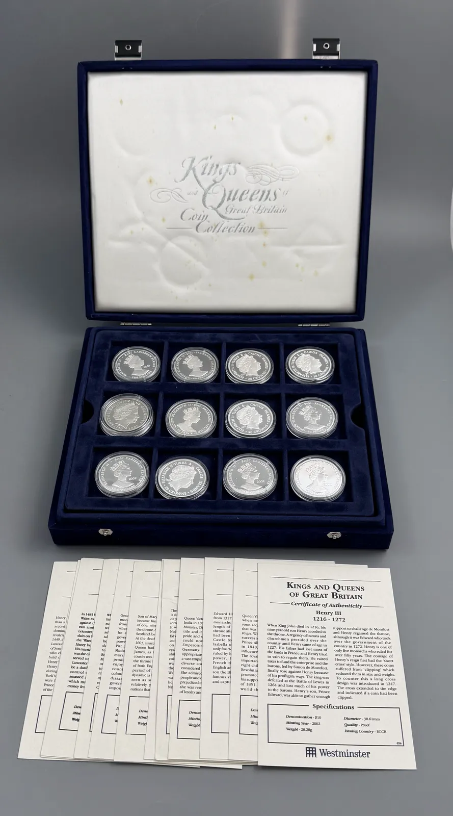 Silver Proof Coin Collection, "Kings And Queens Of Great Britain", Westminster Mint, 12 Coins, Cased With Certificates