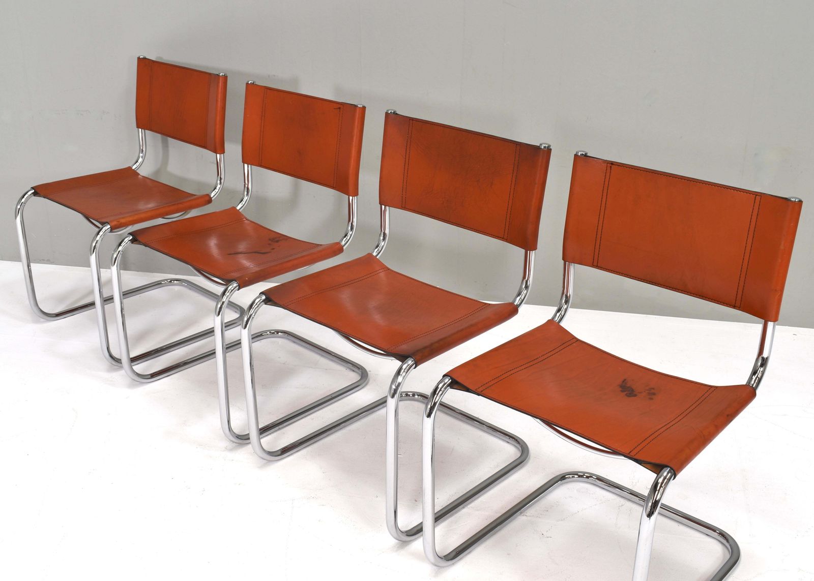 Set Of 4 Mart Stam S33 For Fasem Dining Chairs In Cognac Saddle Leather, 1970s photo buy