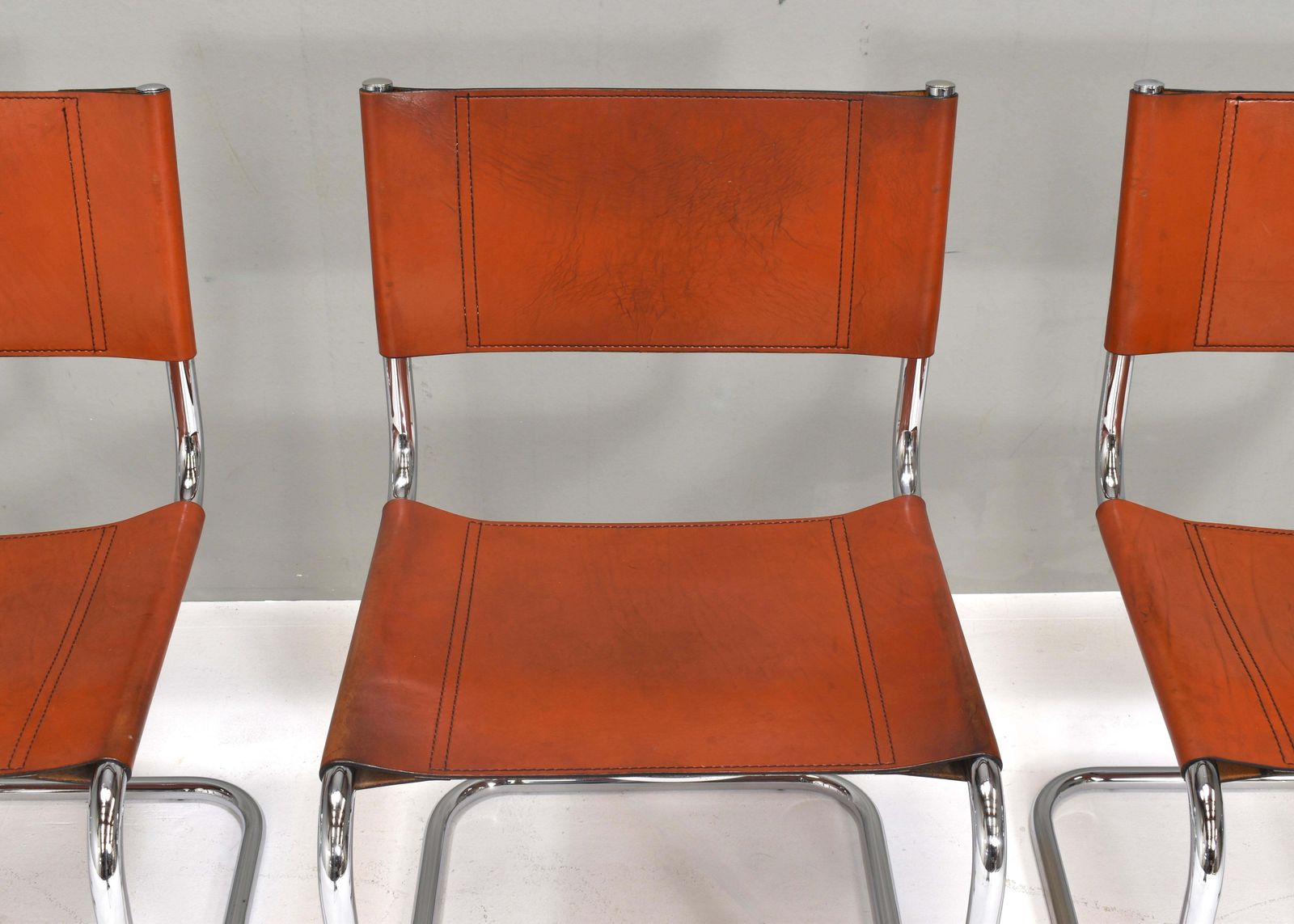 photo buy Set Of 4 Mart Stam S33 For Fasem Dining Chairs In Cognac Saddle Leather, 1970s