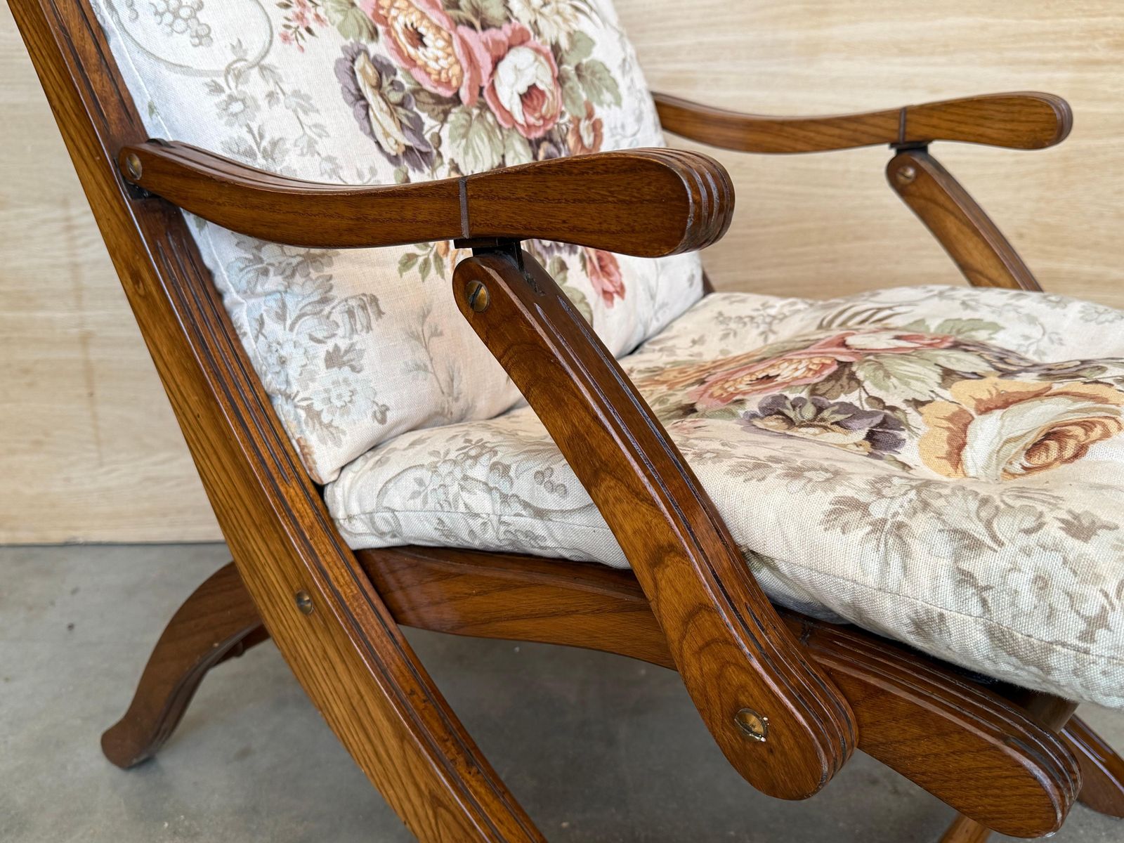 photo furniture 1930s French Wooden Folding Armchair With Upholstered Cushions