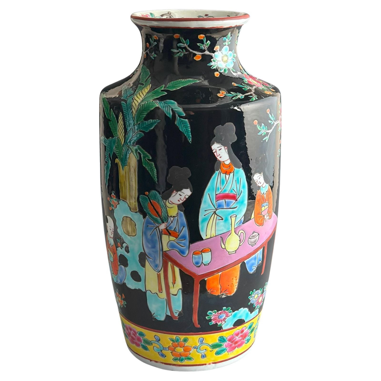 Japanese Famille Noire Porcelain Vase By Yamatoku, Arita, 30cm Tall