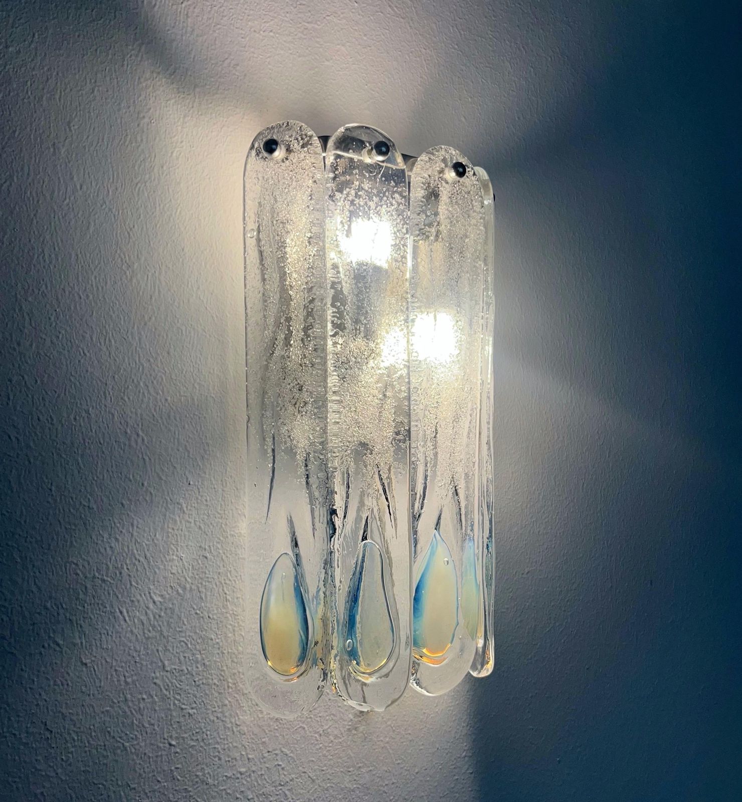 Italian Midcentury Set Of Three Iridescent White Wall Sconces By Mazzega, 1970s photo for sale