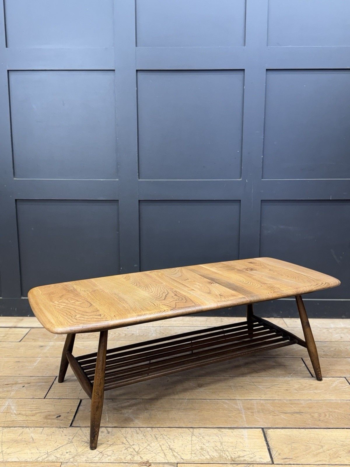 Retro Ercol 459 Elm Coffee Table Vintage Blonde Elm Magazine Rack Side Table Mcm photo vintage