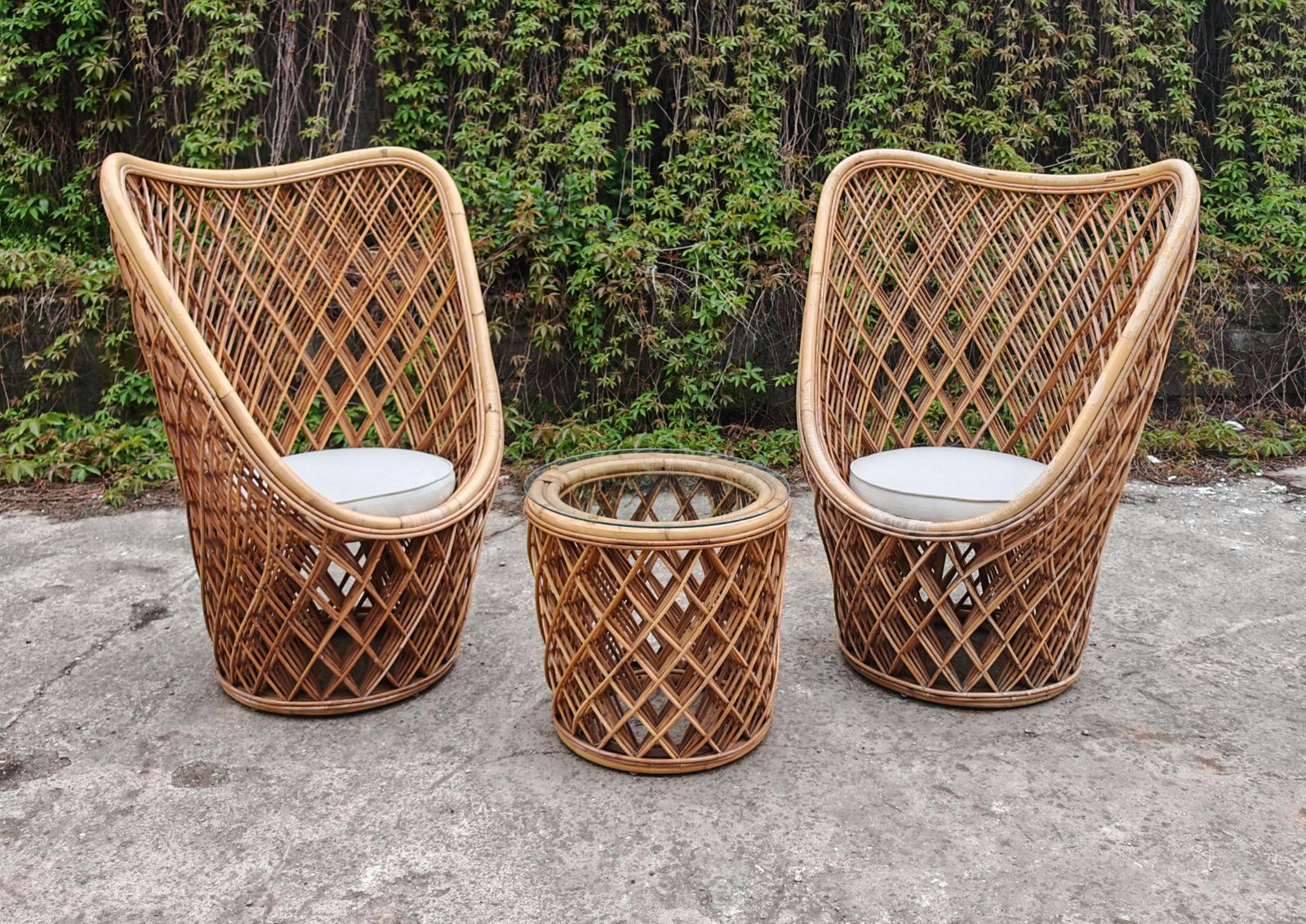 Furniture Pair Of Mid‑Century Bamboo And Rattan High‑Back Sculptural Lounge Chairs, Italy photo