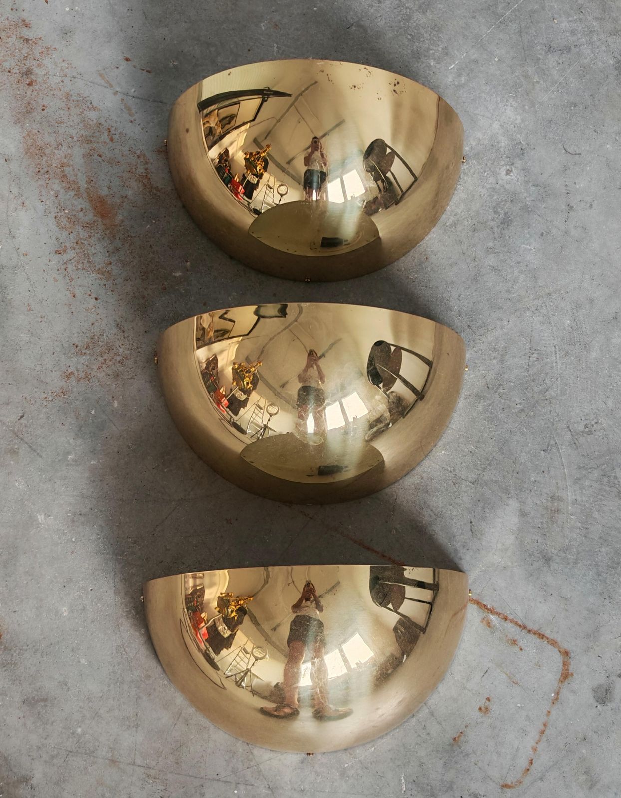 Set Of 3 Mid Century Minimalist Brass Half Dome Wall Sconces, Italy 1970s photo vinterior