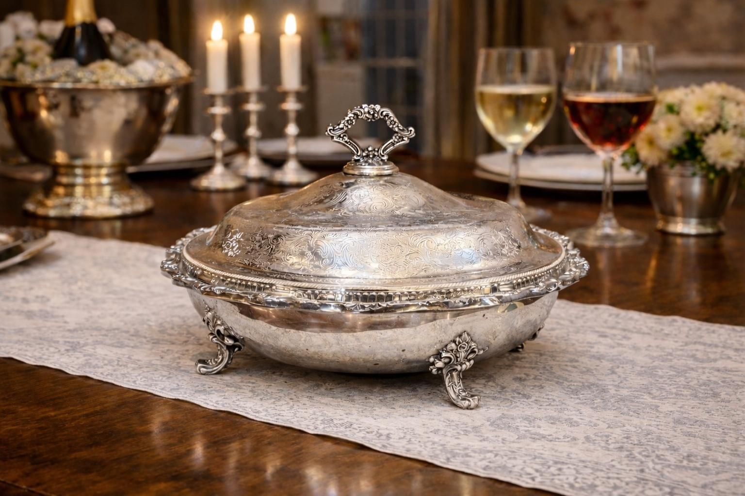 Antique Silver Plated Large Silver Serving Dish With Lid Luxury Tableware Ornate photo for sale