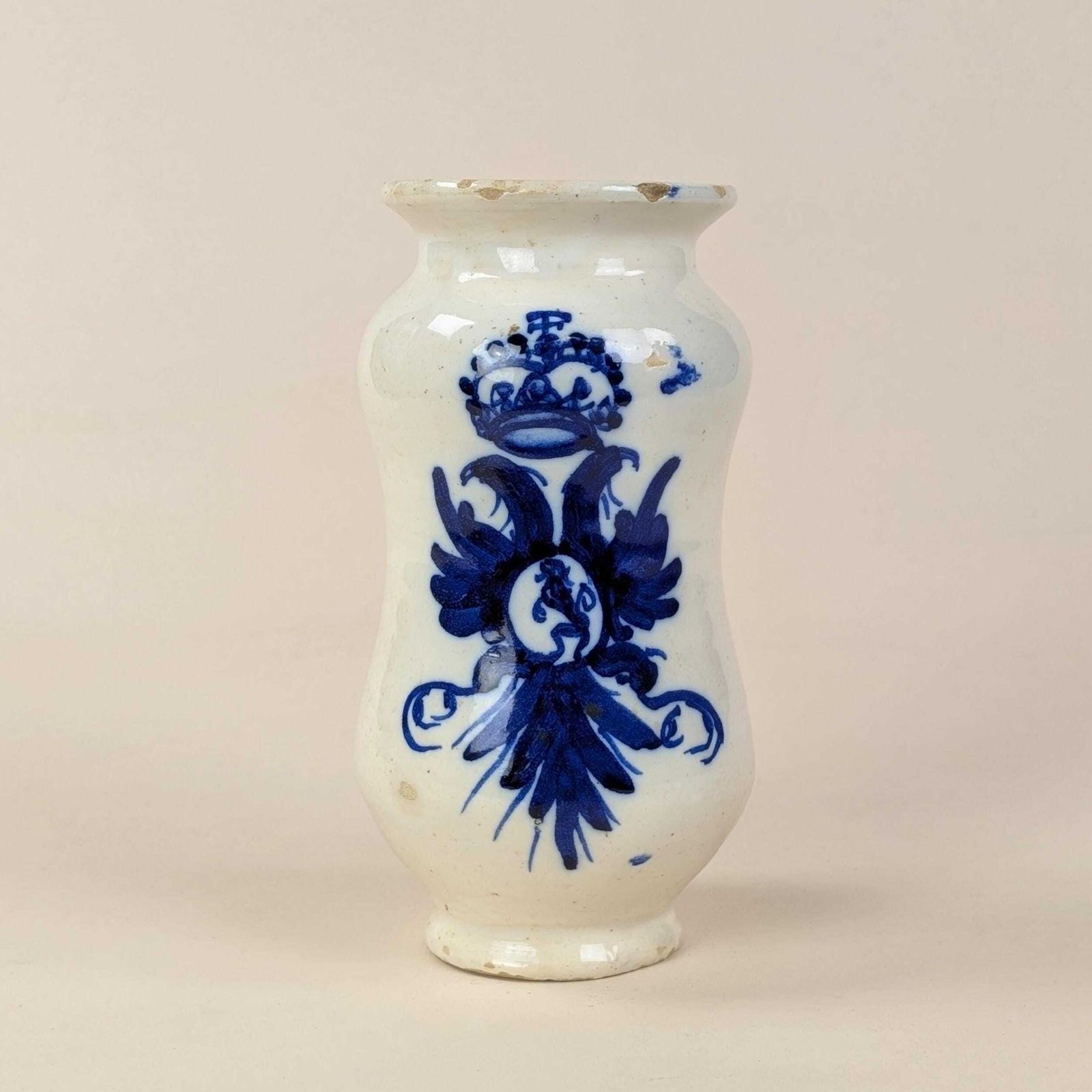 Faience Apothecary Jar Albarello, Antique Italian Double Headed Eagle Blue White Ceramic Pharmacy Vessel photo vinterior