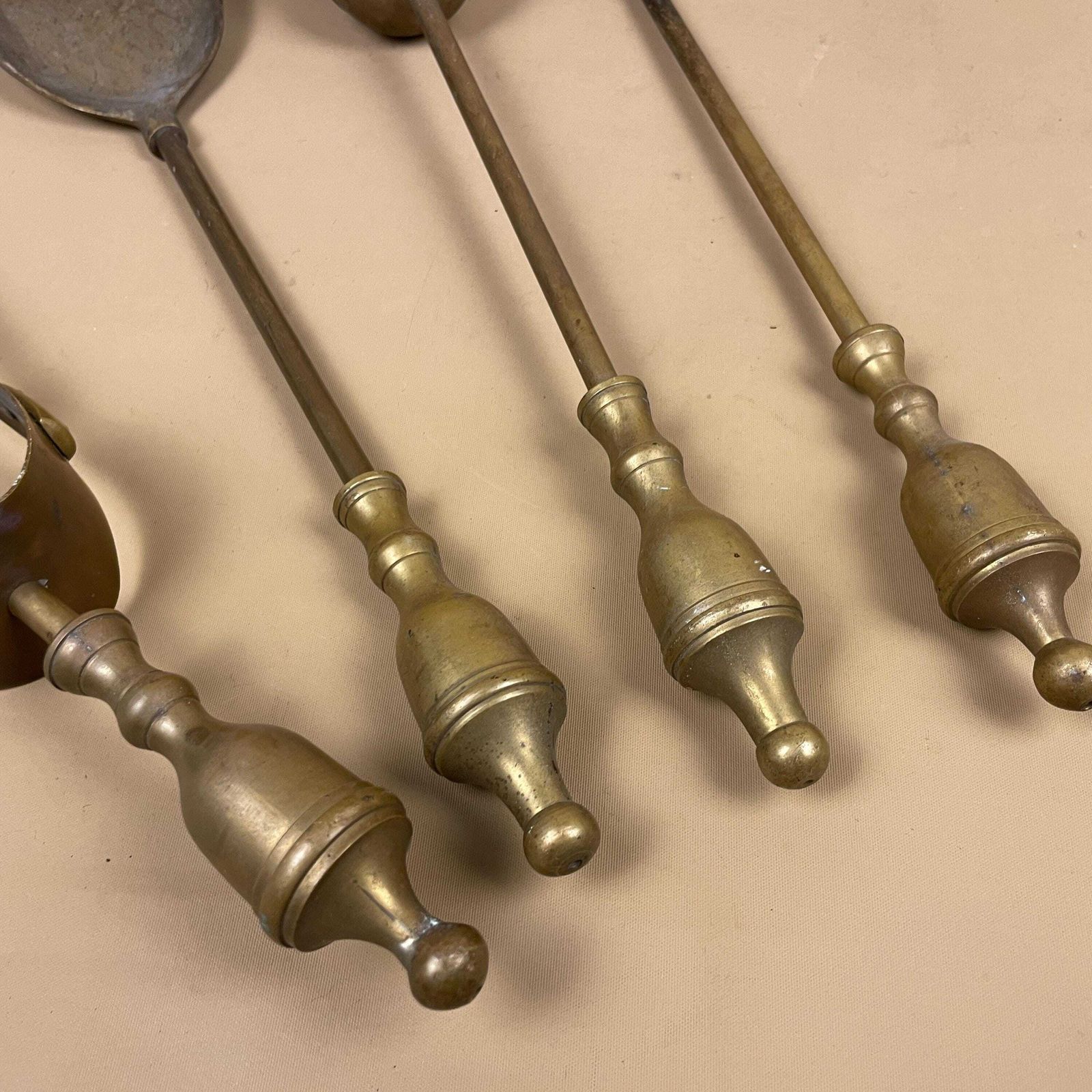 Antique Fireside Tools Gold Brass Metal Vintage Set Of 4 Fireplace Hearth Fire Tools Farmhouse Cottage Hearth Decor Brush Shovel Tongs photo 50.0