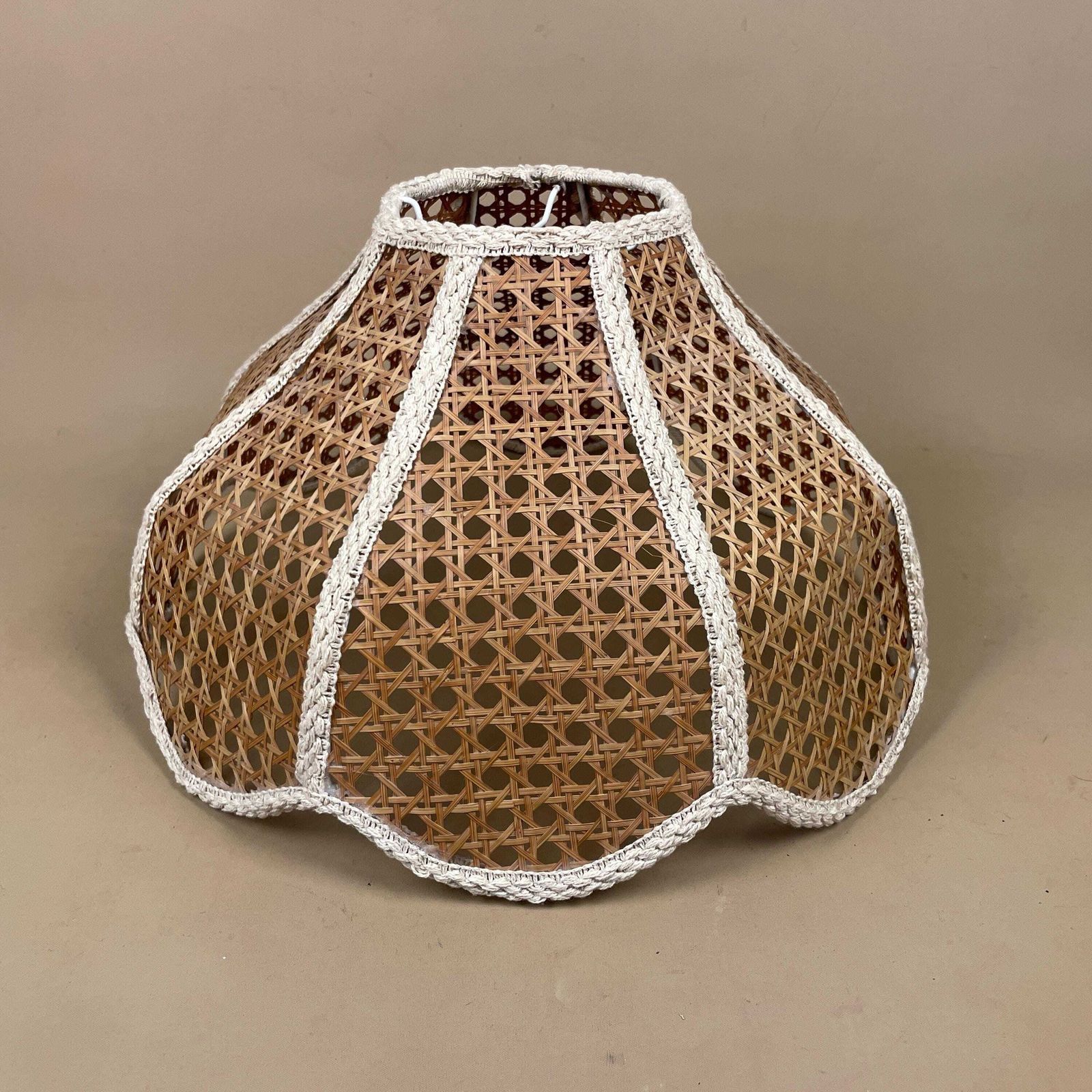Vintage Rattan Wicker Wood Light Shade Ceiling Lightshade Pendant Scallop Petal Shape Retro Lampshade Antique Lamp Brown Cream photo for sale