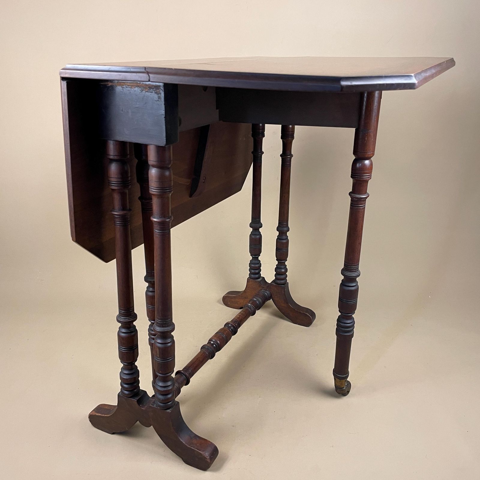 Furniture Antique Mahogany Gateleg Drop Leaf Table Turned Legs Side End Table English Vintage Solid Wood Folding Accent photo