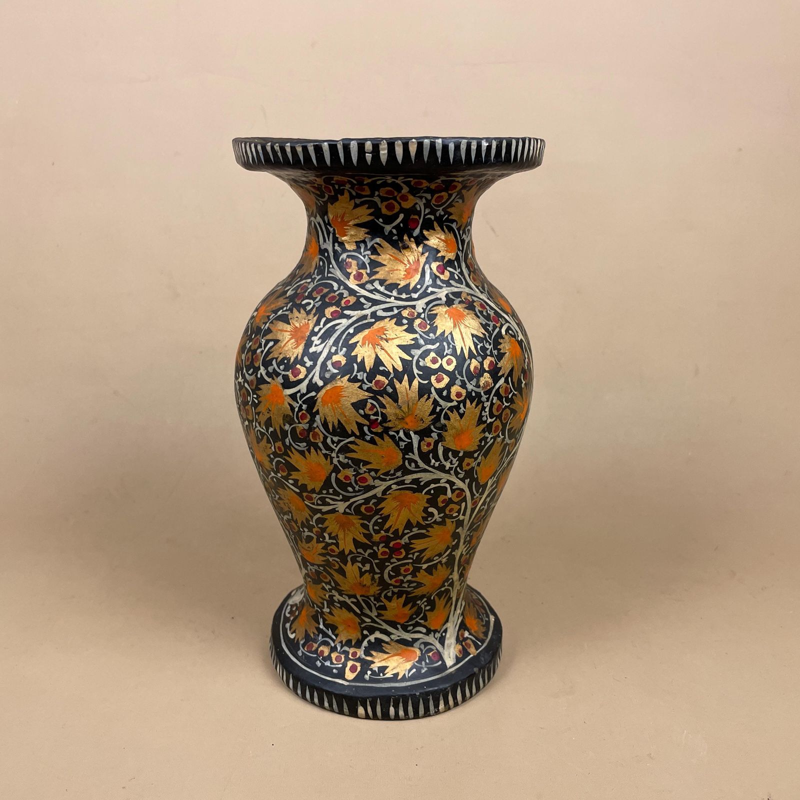 Indian Paper Mache Vase Hand Painted Black Floral Vintage Kashmiri Table Display Folk Art Collectible Handmade