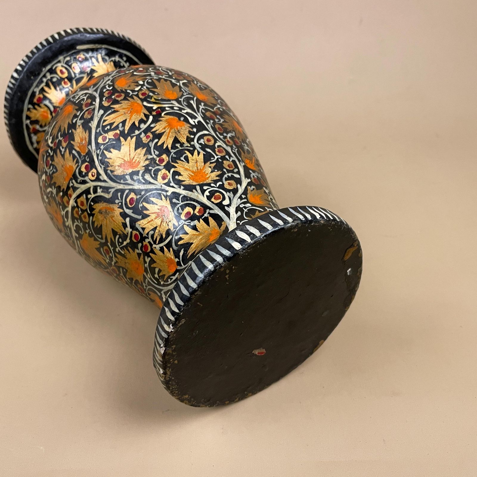 Indian Paper Mache Vase Hand Painted Black Floral Vintage Kashmiri Table Display Folk Art Collectible Handmade photo vintage