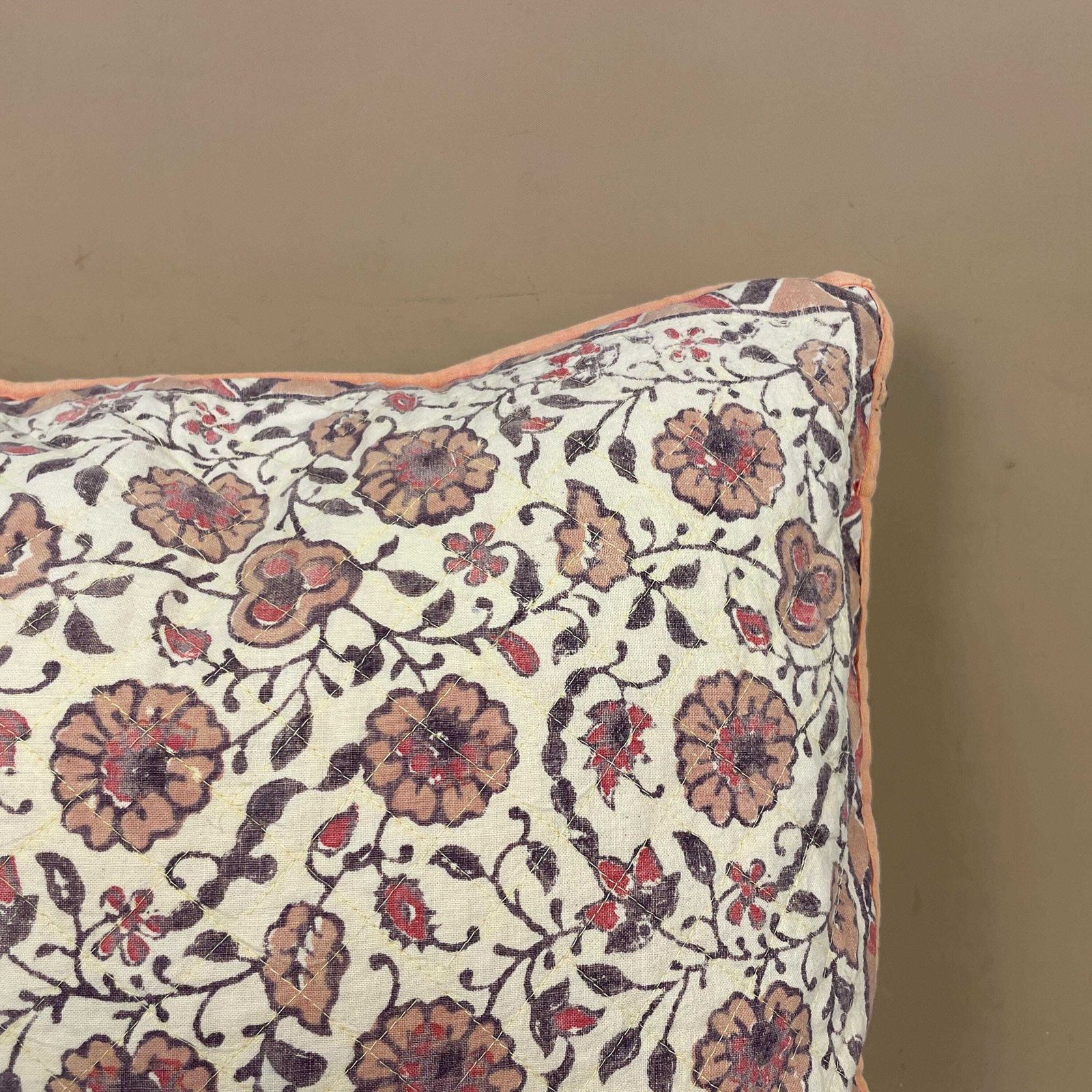 Indian Hand Printed Cushion Floral Quilted Feather Filled Pillow Cover Pale Muted Cream Piping Edge Vintage Scatter Sofa Throw Cushion photo 55.0