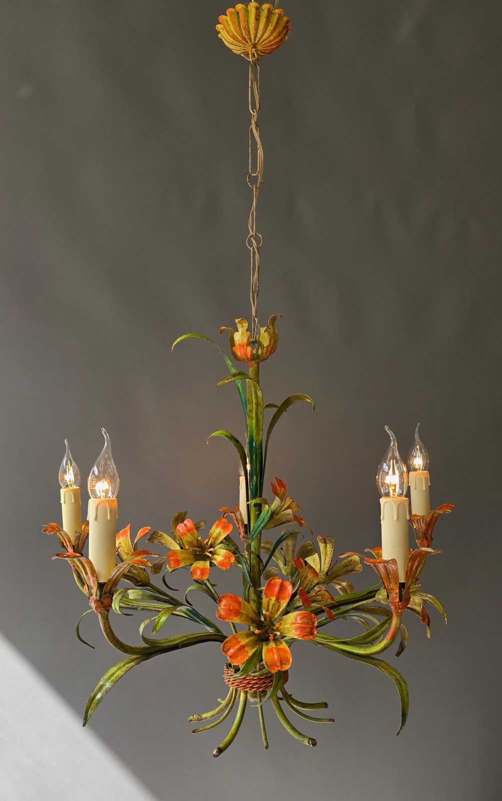 Italian Tole Floral Chandelier, Hand Painted, 1960s photo Lighting