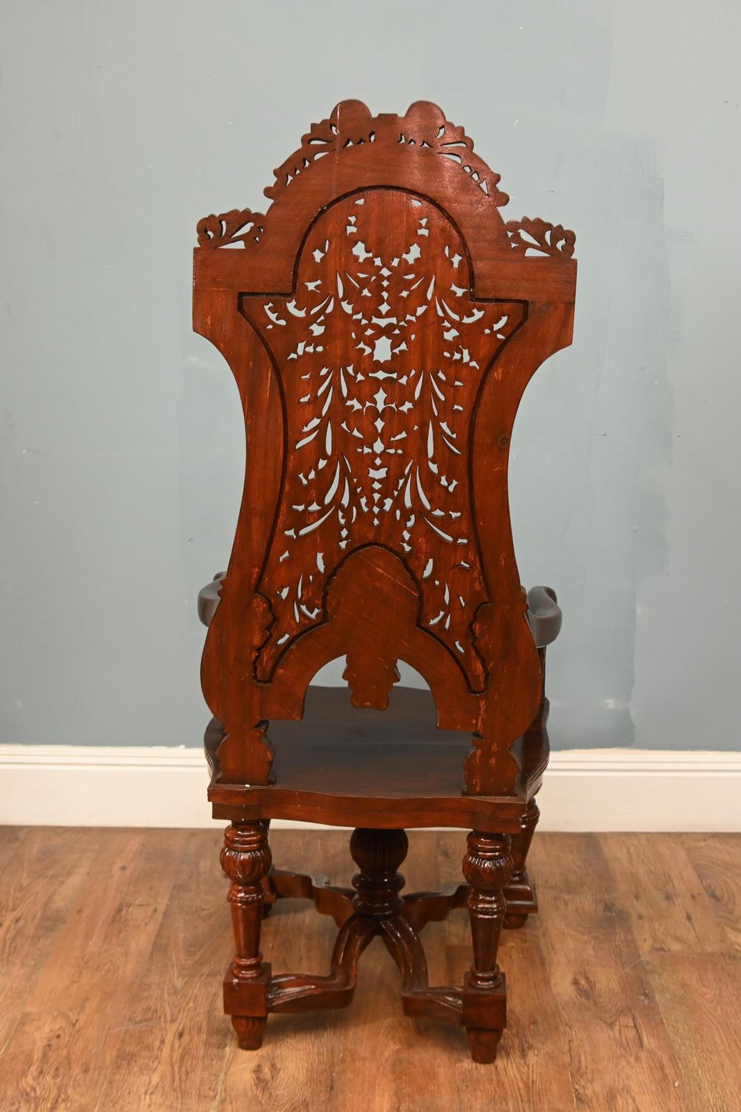 Pair Jacobean Hall Chairs Revival Arm Thrones Carved Oak photo furniture