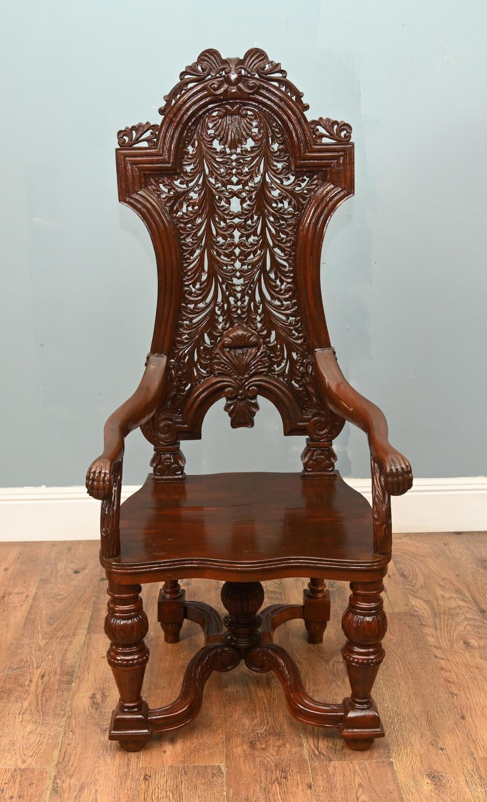 Pair Jacobean Hall Chairs Revival Arm Thrones Carved Oak photo for sale