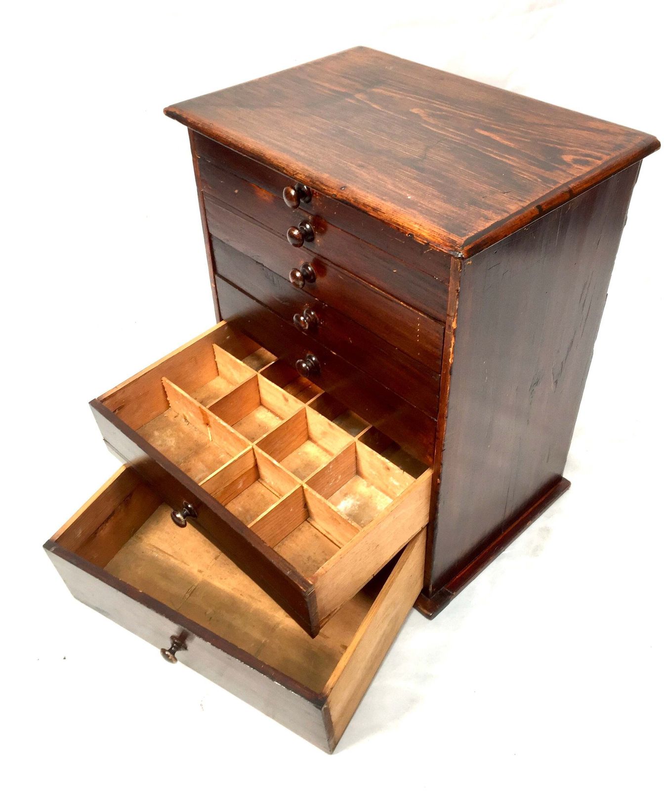 Antique Tabletop Wooden Stained Pine Chest Of Collectors Drawers Storage Box photo vinterior