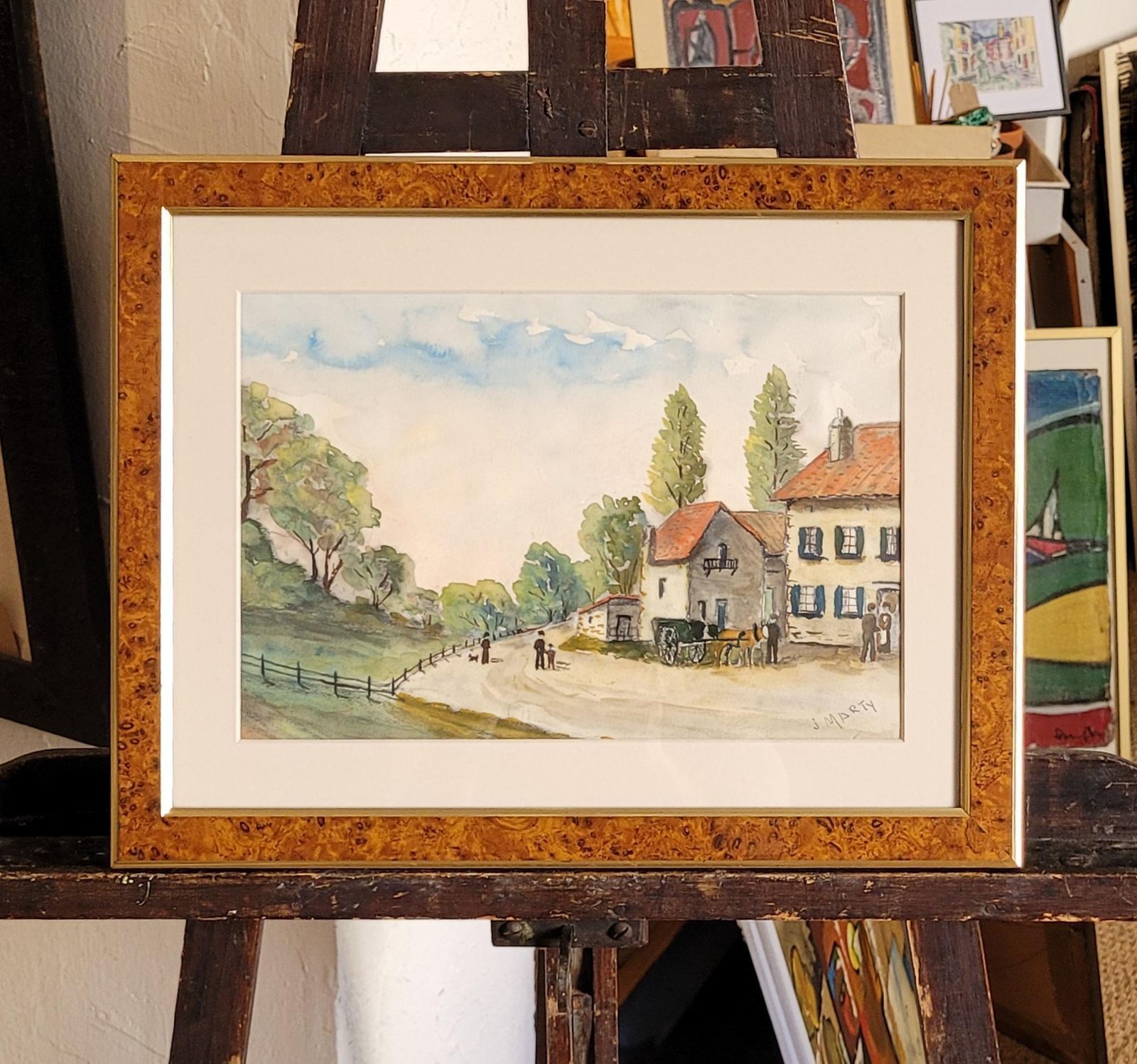 photo vintage J Martycountryside Village Scene Landscape. Watercolor On Paper. 35.5cm X 45cm..
