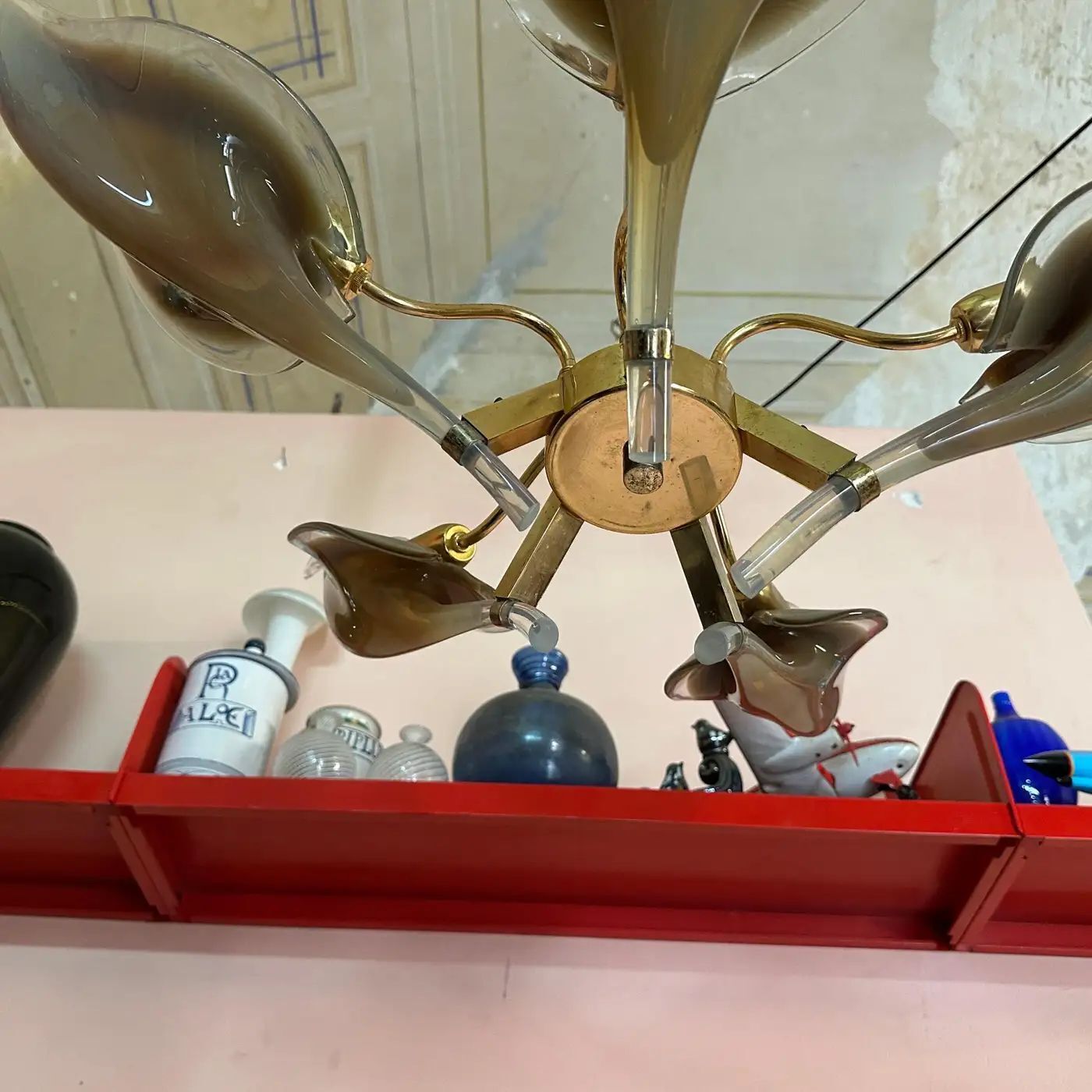 1970s Mid Century Modern Brown Murano Glass And Brass Chandelier By Franco Luce photo buy