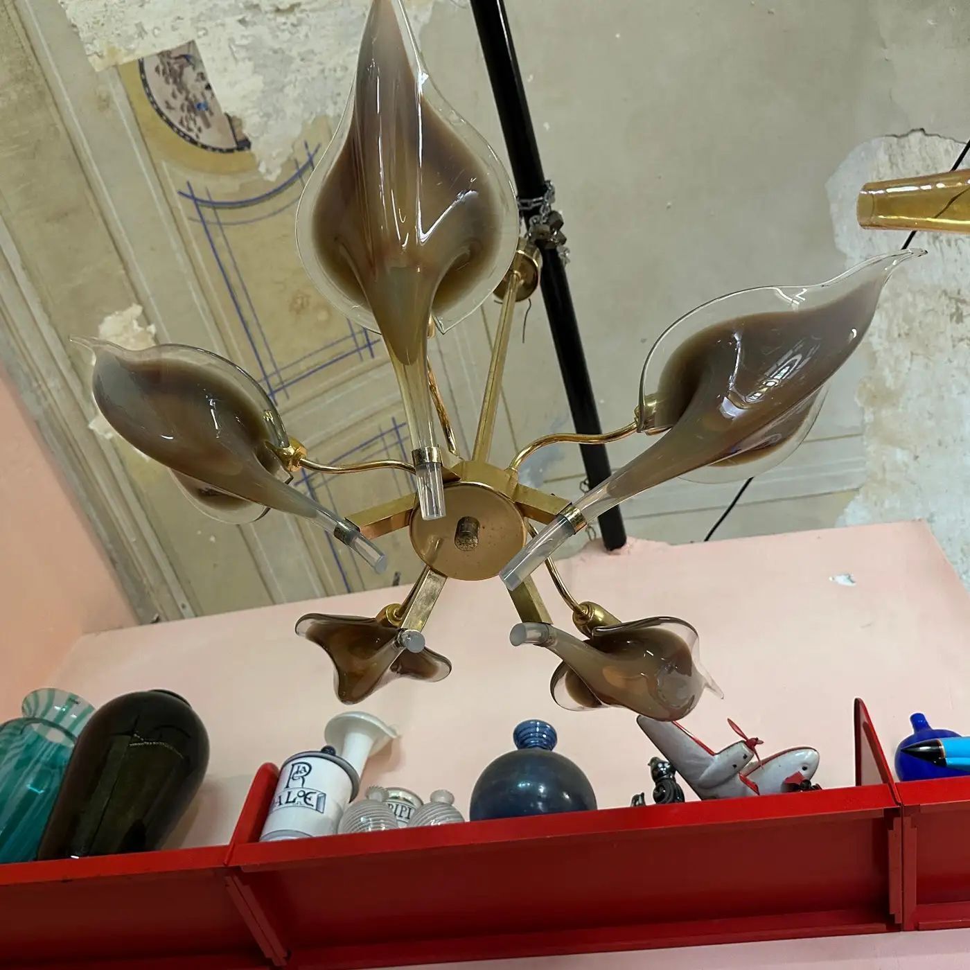 Lighting 1970s Mid Century Modern Brown Murano Glass And Brass Chandelier By Franco Luce photo