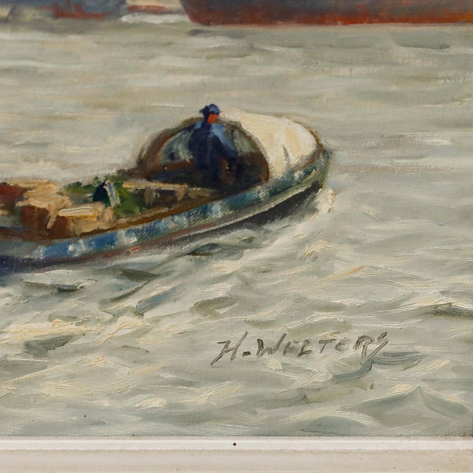 H. Welters Framed Mid 20th Century Oil, Coming In To Dock photo vintage