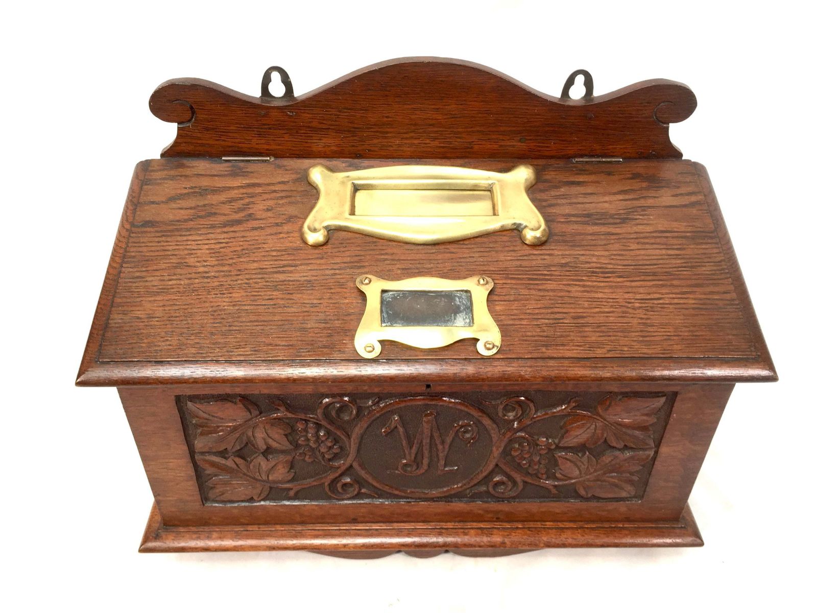 Antique 19th Century Wooden Oak Country House Carved Letter Box / Storage Box photo for sale