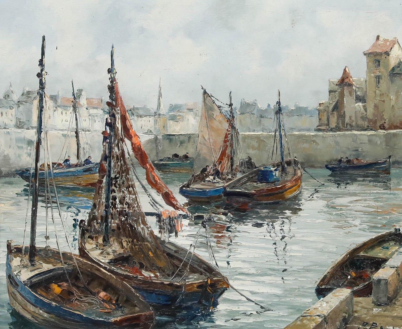 Framed 20th Century Oil Readying The Boats photo furniture