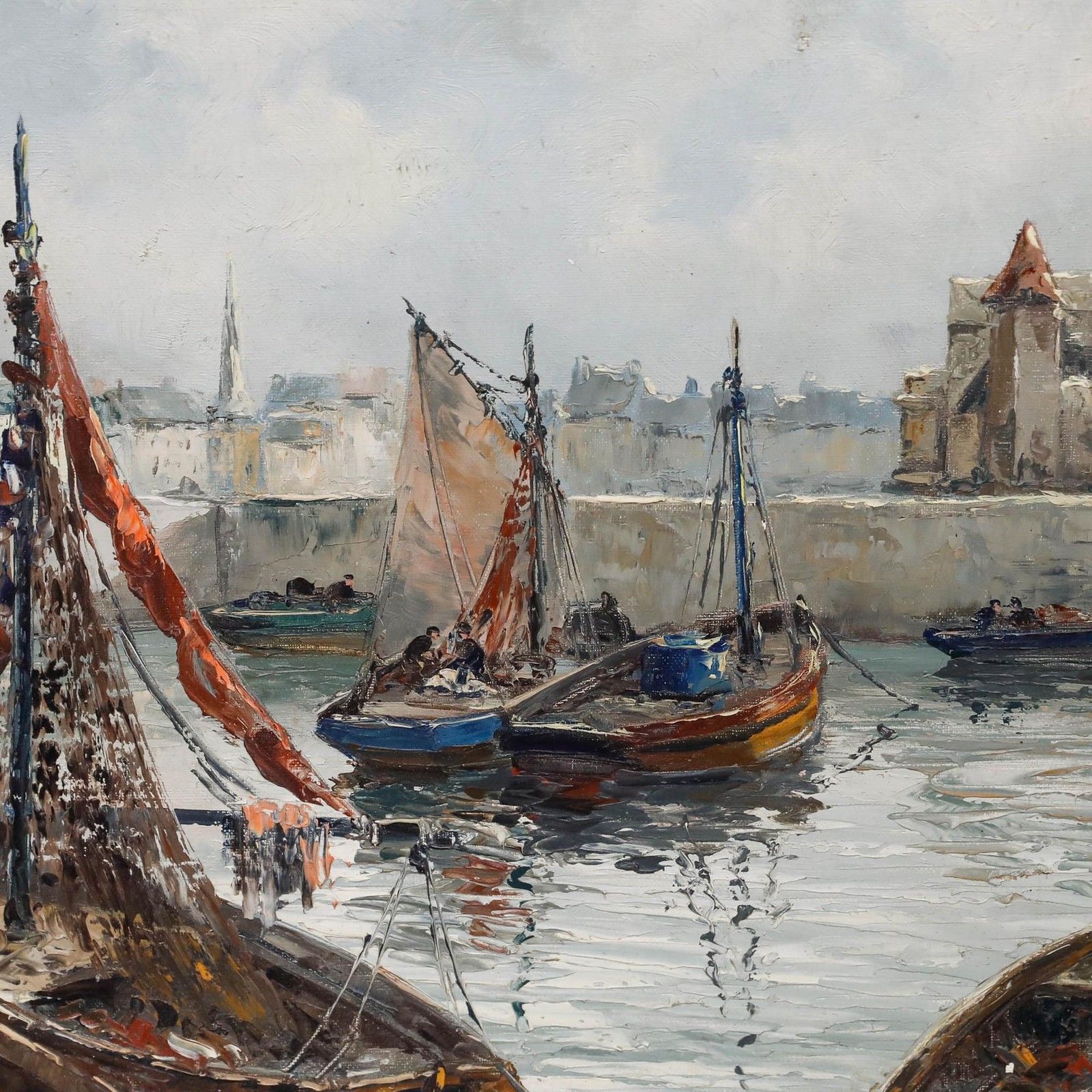 Framed 20th Century Oil Readying The Boats photo Art