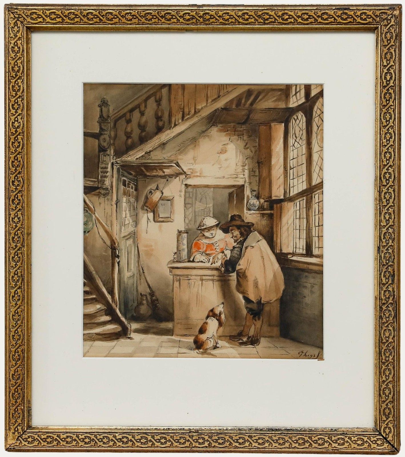 J. Theys Framed 19th Century Watercolour, At The Inn