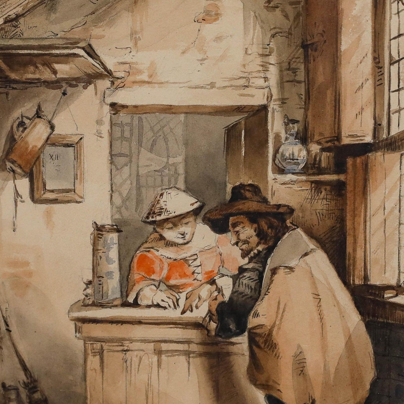 J. Theys Framed 19th Century Watercolour, At The Inn photo buy