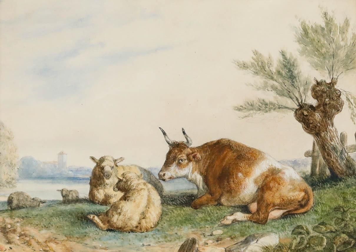 Framed 19th Century Watercolour Bull And Ewes By The Lake photo furniture