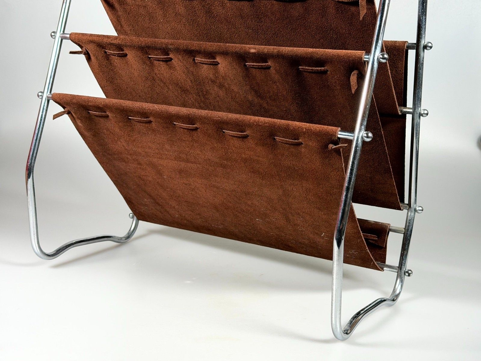 60s 70s Newspaper Holder Magazine Rack Metal Leather Mid Century Design photo vinterior