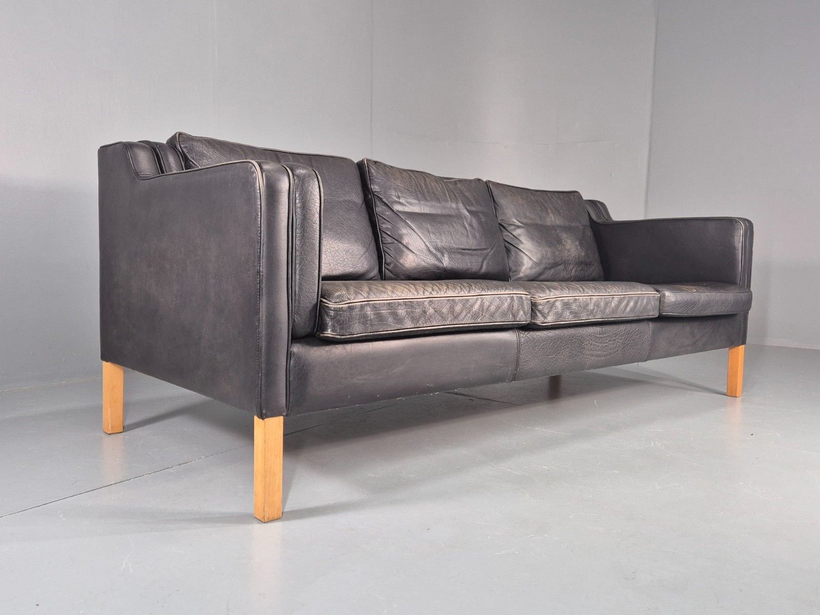 Vintage 3 Seater Sofa Danish Black Leather Mid Century Retro Stouby Eb10546 M3ss photo furniture