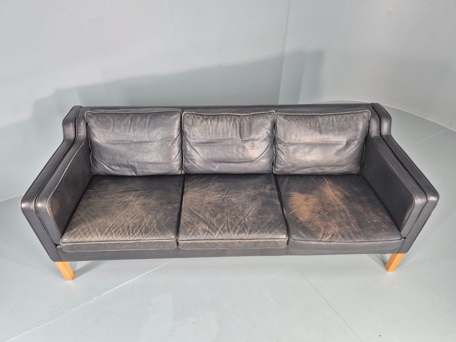 Vintage 3 Seater Sofa Danish Black Leather Mid Century Retro Stouby Eb10546 M3ss photo 600.0