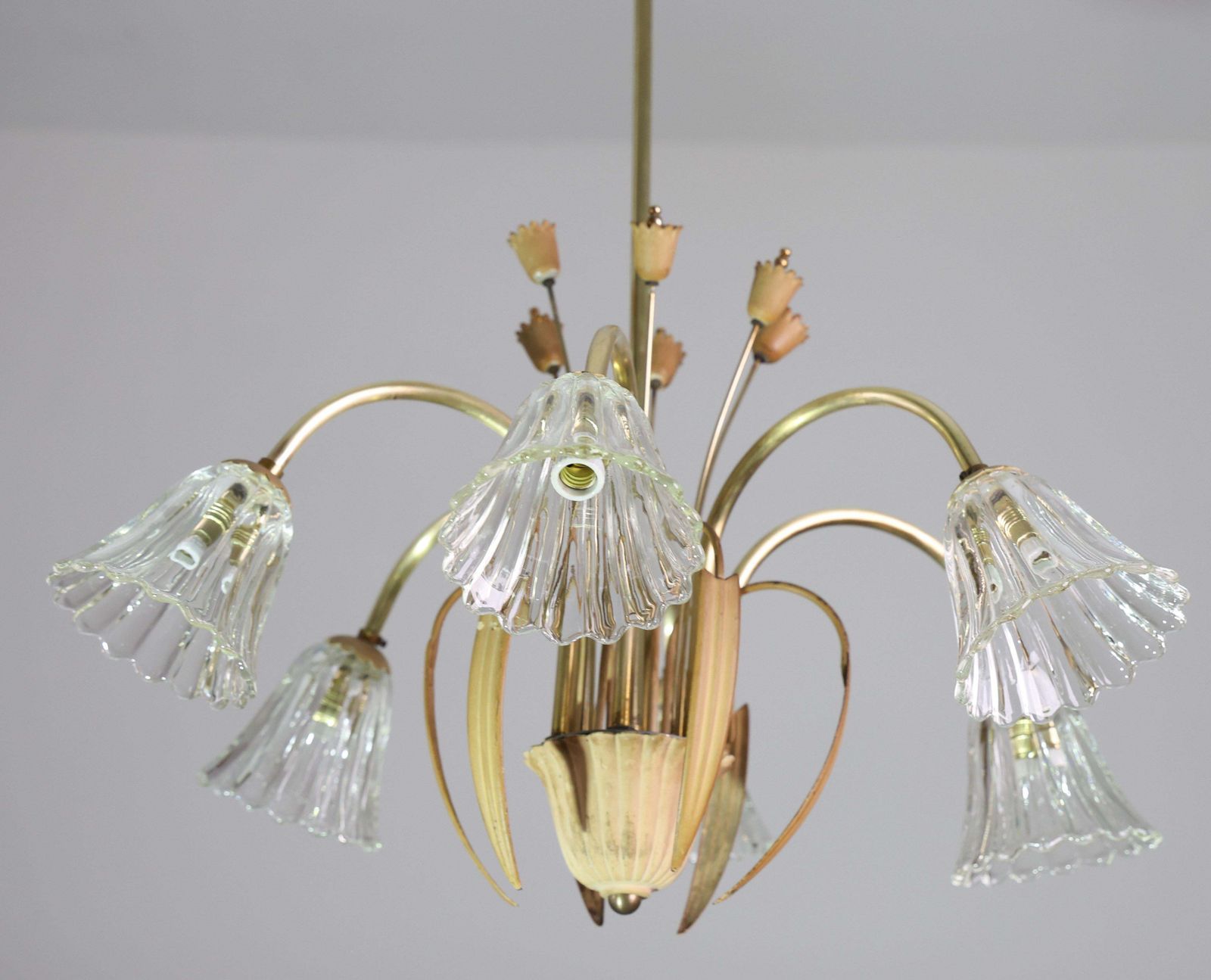 1325.0 Art Decò Murano Glass And Brass Chandelier, 6 Light, 1950 photo