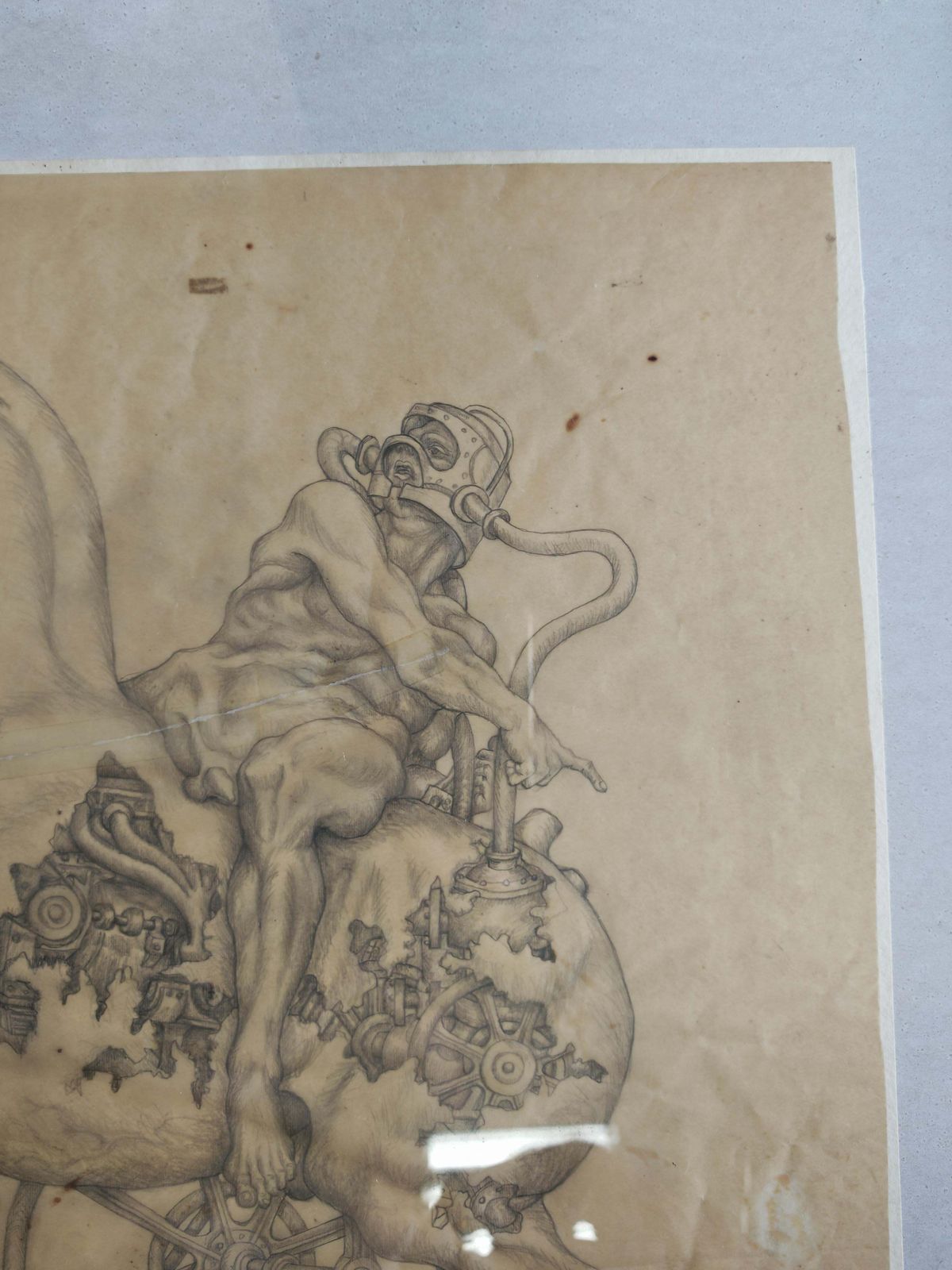 Figurative Composition With Mechanical Motifs, Pencil On Paper By Dusan Gakovic photo for sale