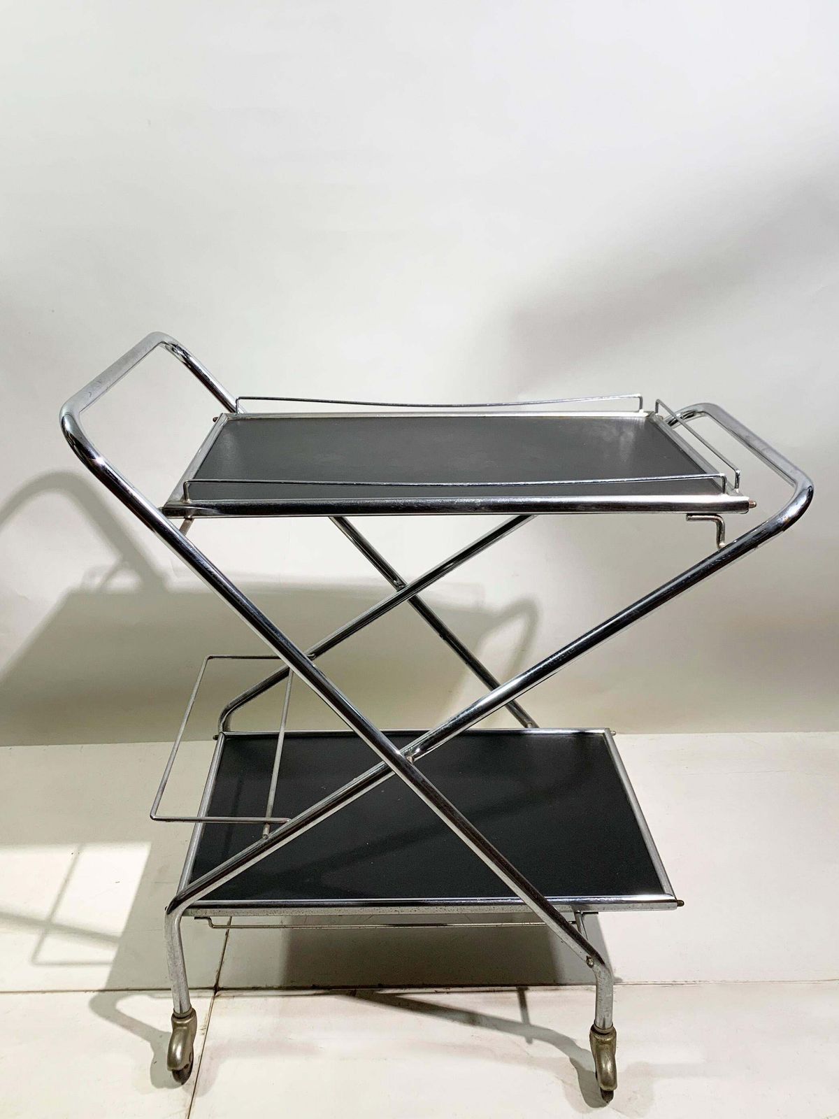 Mid 20th Century Folding Bar Cart In Chrome And Black By Richard, Circa 1960's photo vinterior