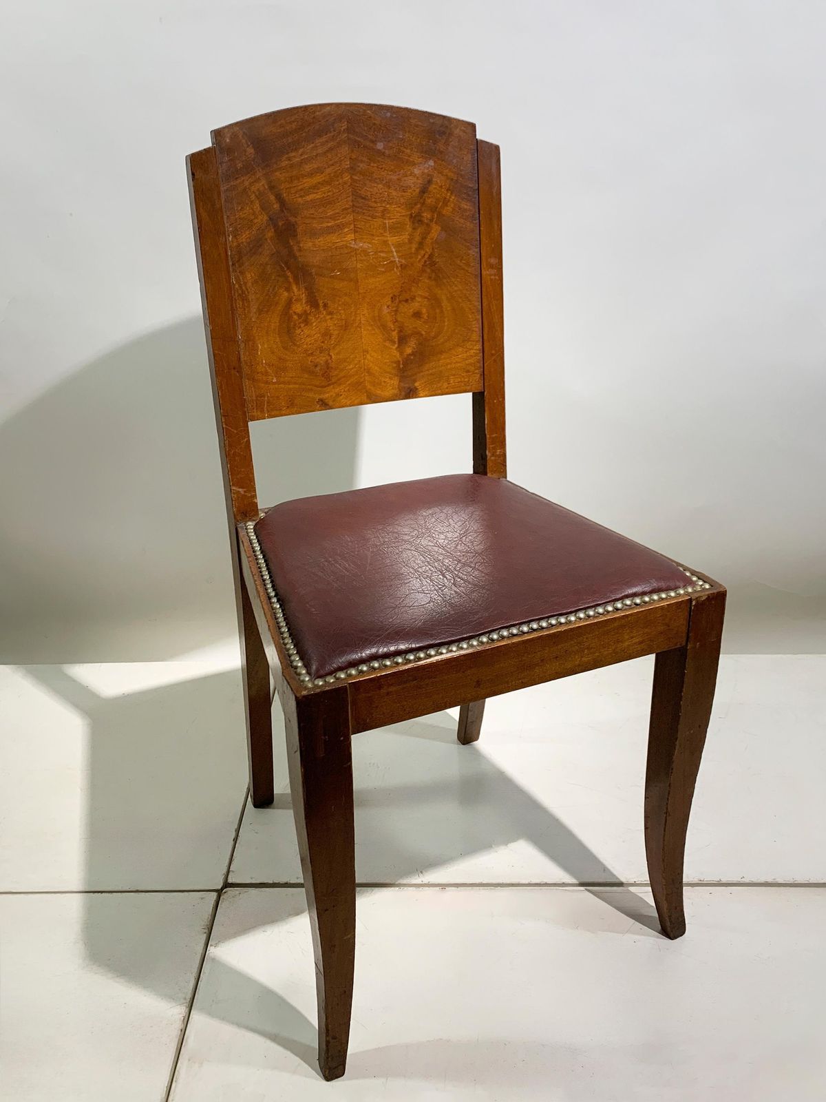 Set Of 6 Art Deco Dining Chairs In Walnut And Burgundy Leather, France, 1930's photo furniture