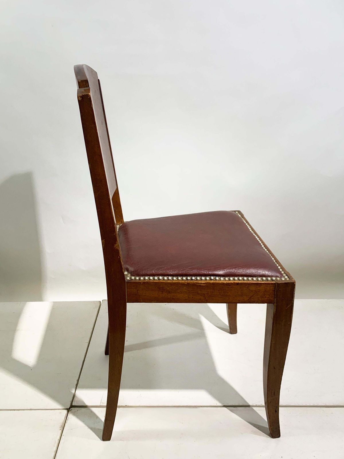 Set Of 6 Art Deco Dining Chairs In Walnut And Burgundy Leather, France, 1930's photo vinterior