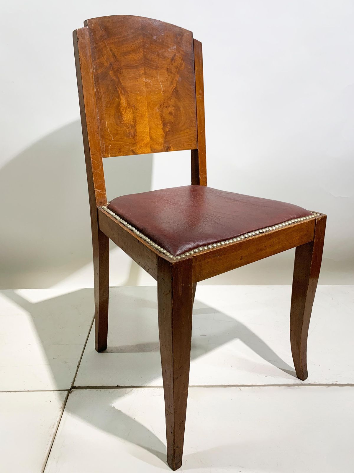 Set Of 6 Art Deco Dining Chairs In Walnut And Burgundy Leather, France, 1930's photo buy